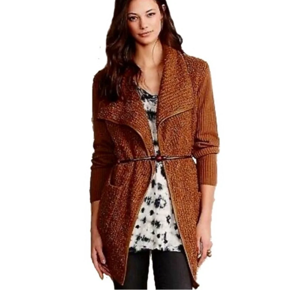 Anthropologie Mixed Knit Cardigan Large 10 12 Brown Boucle FNT Ribbed BACK NWT - Picture 4 of 12